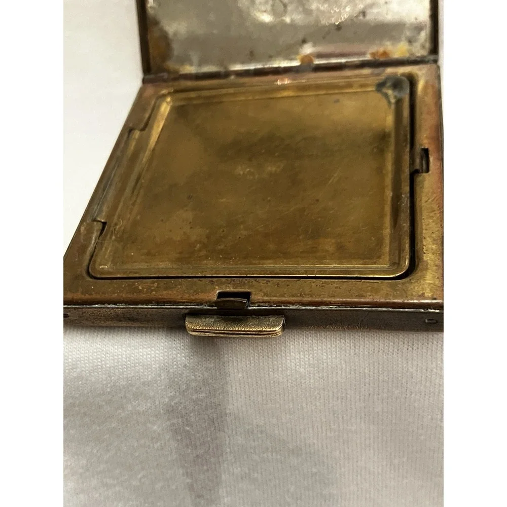 VTG Brass Art Deco Embossed Flower Pot Window Compact Purse Mirror Square